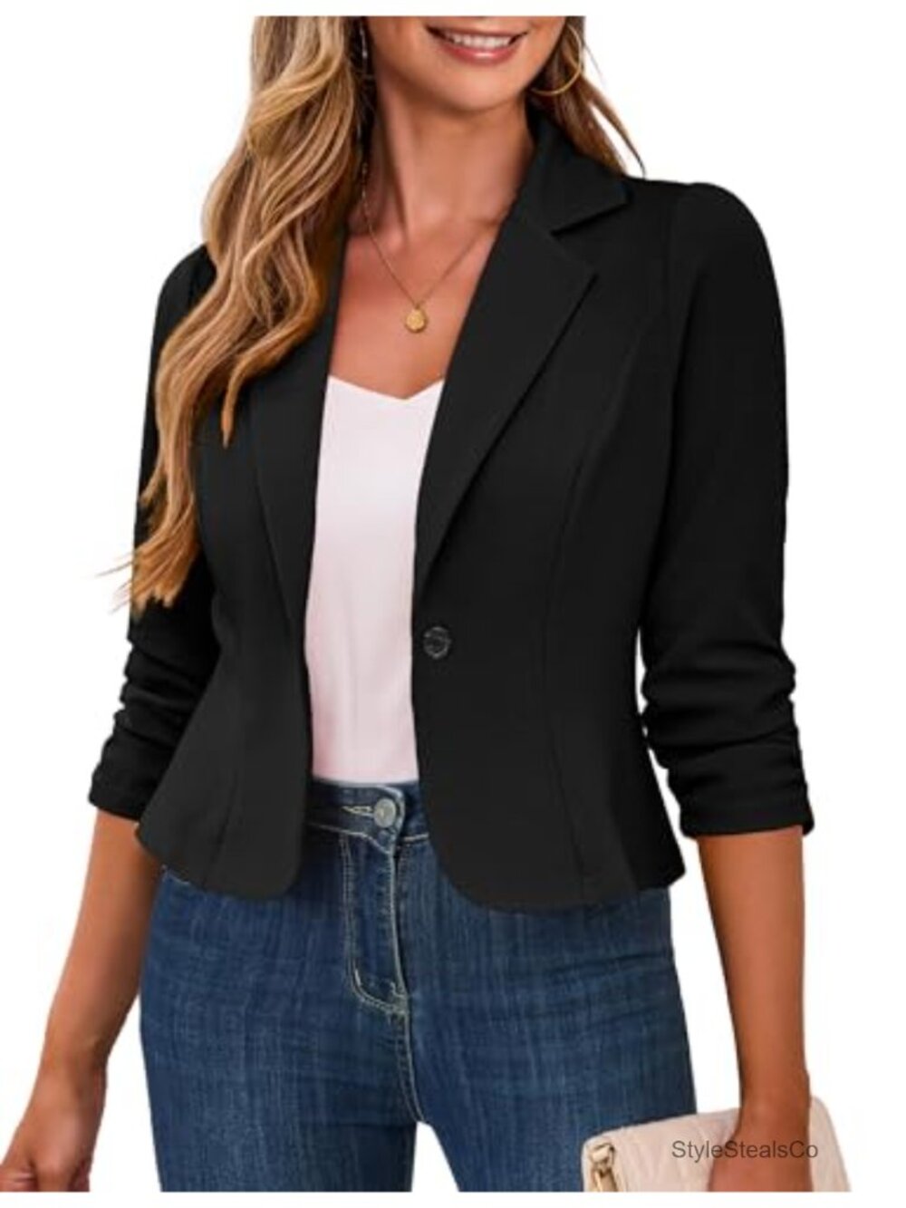 Cropped Blazer 3/4 Ruched Sleeve Business Casual Lightweight